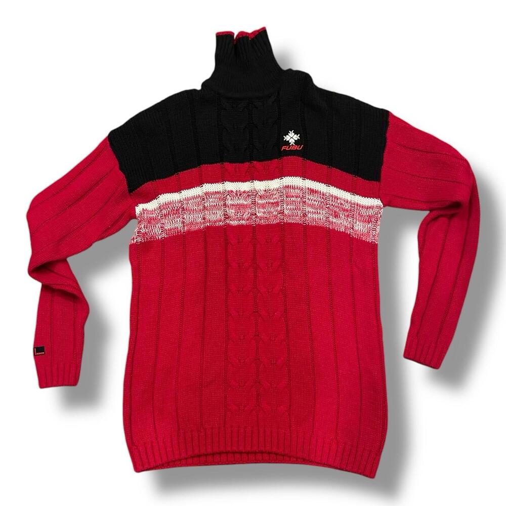 Vintage Y2K FUBU Turtleneck Sweater Mens XL Red Black‎ Ribbed Pullover